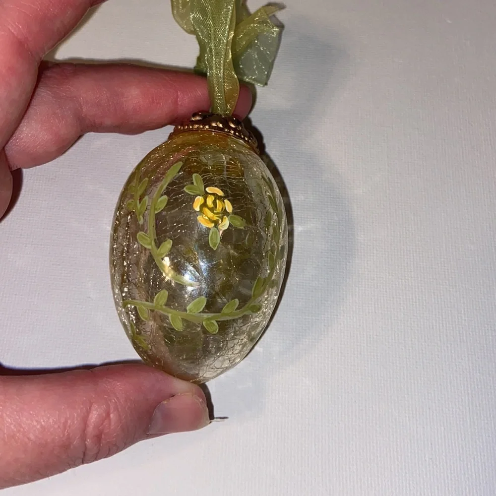 Russ Hand Painted Crackle Glass Yellow rose egg ornament with box.